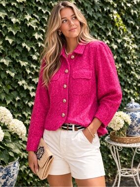 RACHEL ZOE Hot Pink Textured Tweed Boxy Jacket, S